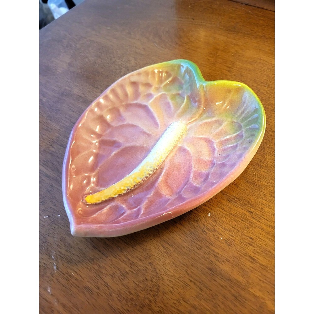 Vintage Art Deco Hawaiian Pottery Watercolor Glaze Tropical  Anthurium Dish